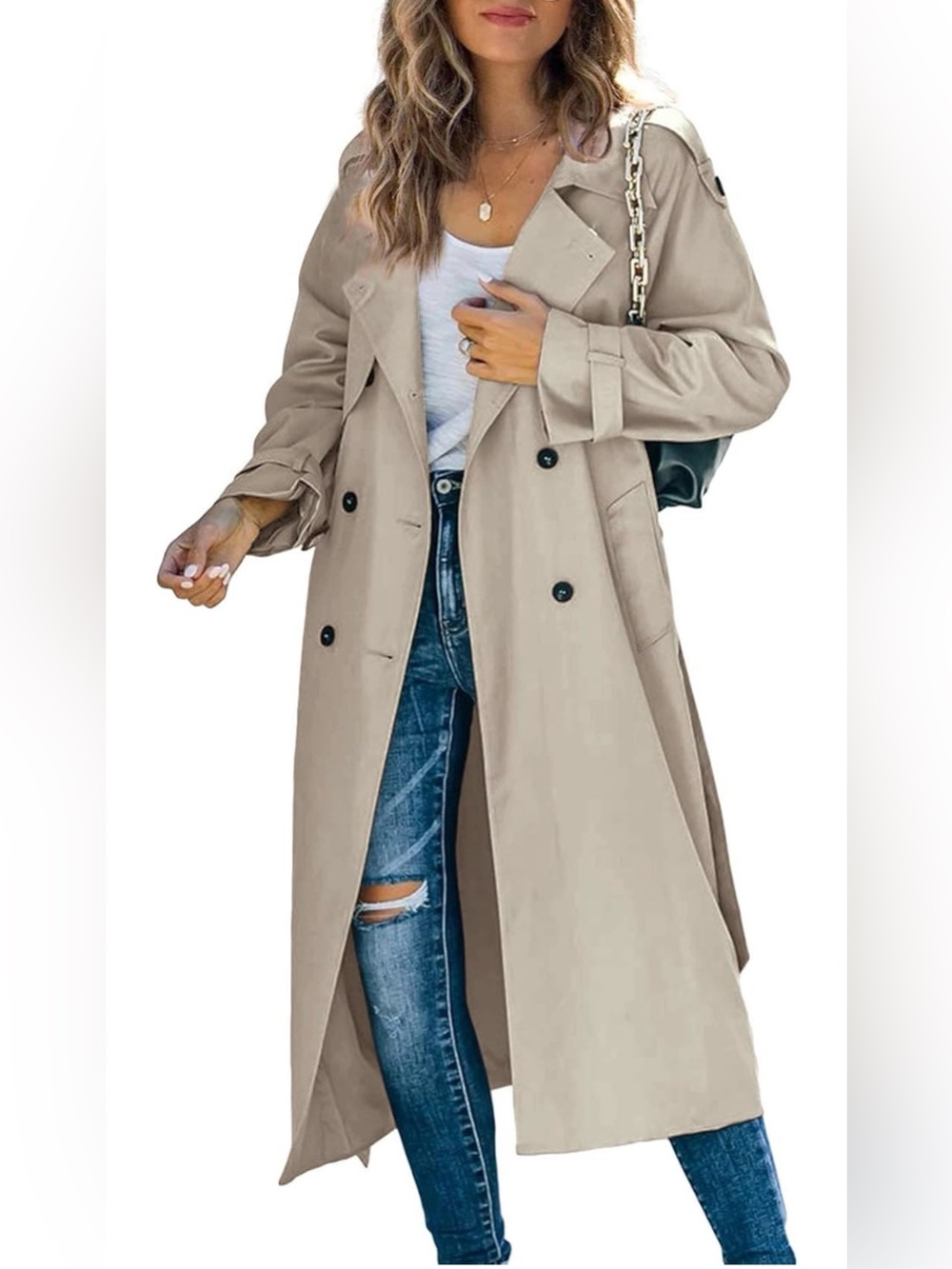 Classic Women's Double Breasted Long Trench Coat Khaki Slim Fit - Picture 2 of 7
